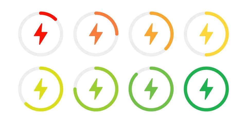 Circle battery charging indicators with lightning symbol icon set. Charge l.. Stock Illustration