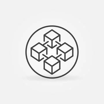 Circle with Blockchain linear vector icon. Four connected blocks round symbol イラスト素材