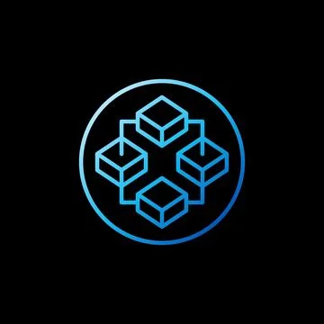 Circle with Blockchain Technology and 4 Blocks vector concept blue line icon Stock Illustration