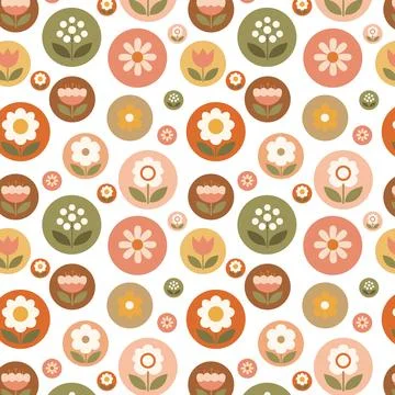 Circle Bloom Seamless Pattern Retro Floral Round Flower Mid Century Background Stock Illustration