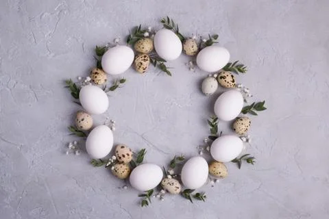 Circle border for easter card or invitation. Easter wreath with eggs Stock Photos