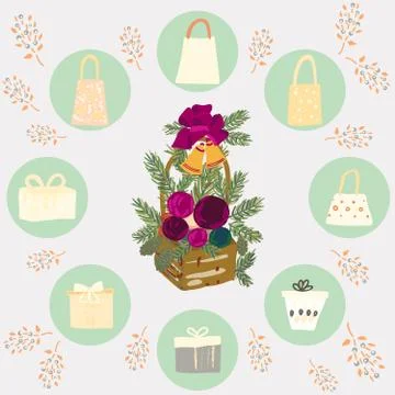Circle border with gifts, boxes and floral decor. Stock Illustration