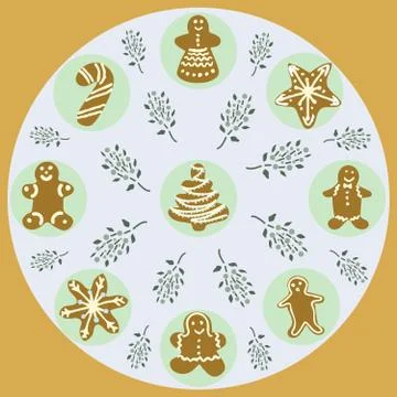 Circle border with gingerbread biscuits on textured mustard background. Stock Illustration