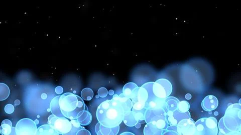 Circle bubles glow aqua blue random size white stars on black isolated Illustrazione stock