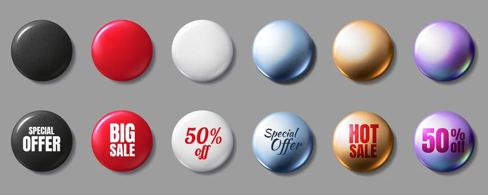 Circle button. 3D price label. Sale tag. Round shape. Glossy magnet. Color Illustrazione stock