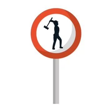 Circle caution emblem and laborer with mallet Stock Illustration