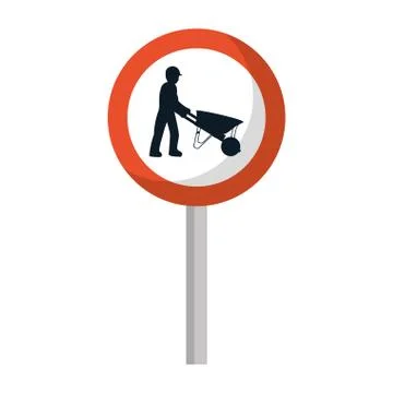 Circle caution emblem and laborer with wheelbarrow Stock Illustration