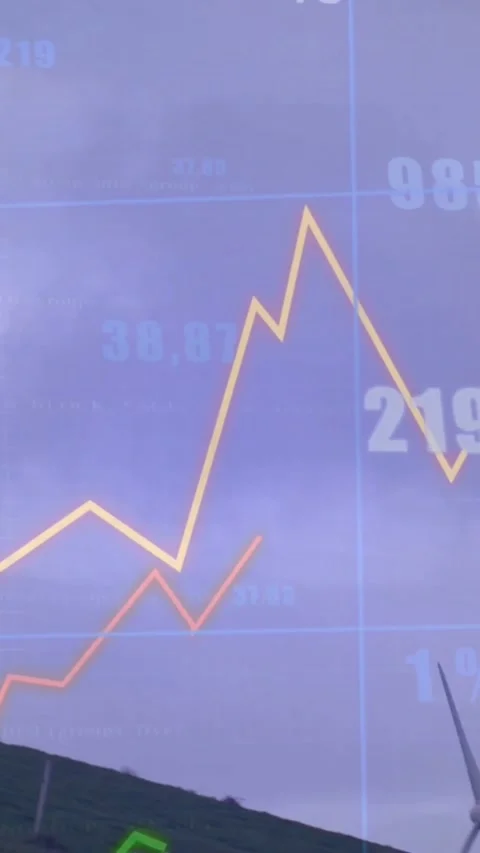 Circle chart appearing camera panning wind turbine growing spinning blades line Stock Footage 334187372