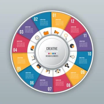 Circle chart infographic template with 12 options for presentations, advertis Stock Illustration