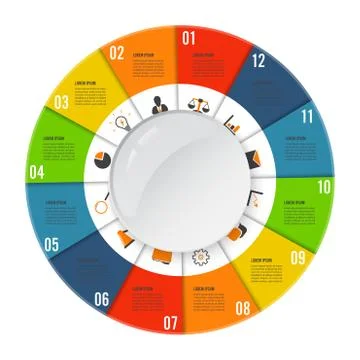 Circle chart infographic template with 12 options for presentations, advertis Stock Illustration