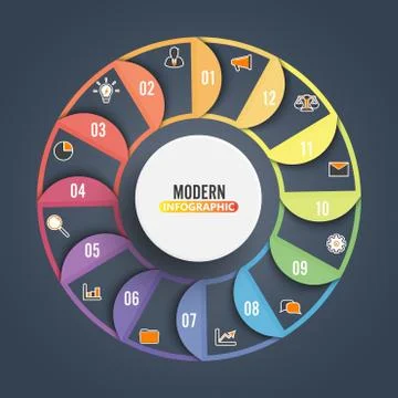 Circle chart infographic template with 12 options for presentations, advertis Stock Illustration