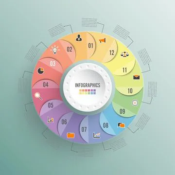 Circle chart infographic template with 12 options for presentations, advertis Stock Illustration