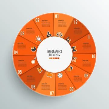 Circle chart infographic template with 12 options for presentations, advertis Stock Illustration