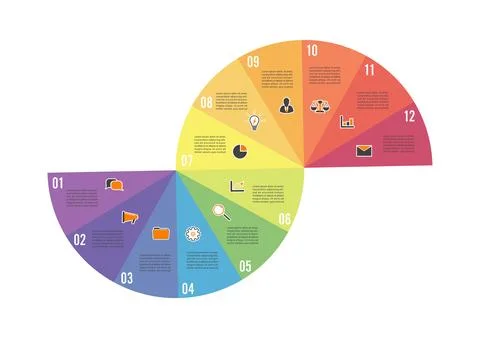Circle chart infographic template with 12 options for presentations, advert.. Stock Illustration