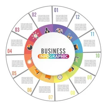 Circle chart infographic template with 12 options for presentations, advert.. Stock Illustration