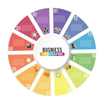Circle chart infographic template with 12 options for presentations, advert.. Stock Illustration