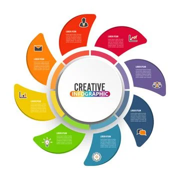 Circle chart infographic template with 8 options for presentations, advertisi Stock Illustration