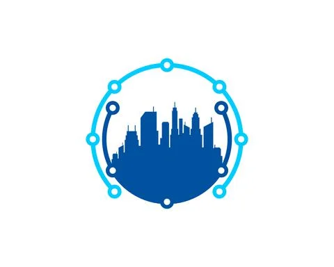 Circle circuit tech with city building in the middle Stock Illustration