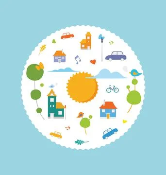 CIrcle city illustrations with cute vector elements building, birds, cars, su Illustrazione stock