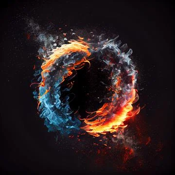 A circle in the clash of ice and fire on black background. 스톡 일러스트