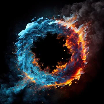 A circle in the clash of ice and fire on black background. 스톡 일러스트