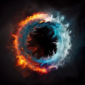 A circle in the clash of ice and fire on black background. 스톡 일러스트