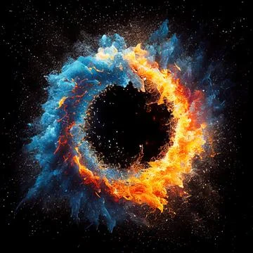 A circle in the clash of ice and fire on black background. Stock Illustration