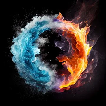 A circle in the clash of ice and fire on black background. 스톡 일러스트