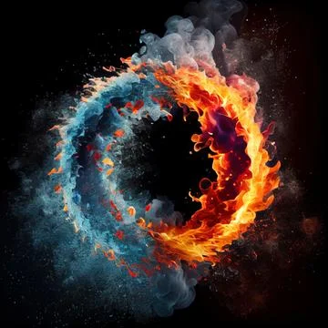 A circle in the clash of ice and fire on black background. Stock Illustration