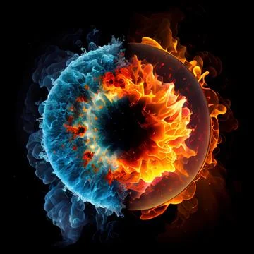 A circle in the clash of ice and fire on black background. Stock Illustration