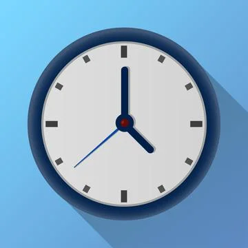 Circle clock flat icon. Round shape on blue wall background timer object with Stock Illustration