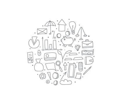 Circle composition with finance elements. Round badge isolated on white backg Stock Illustration