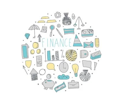 Circle composition with finance elements. Round badge isolated on white backg Stock Illustration