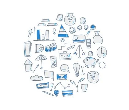 Circle composition with finance elements. Round badge isolated on white backg Stock Illustration