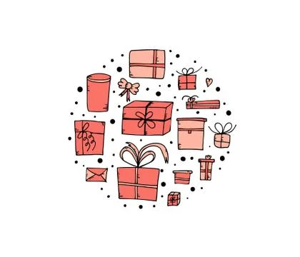 Circle composition of gift boxes. Collection of holiday presents in doodle st Stock Illustration