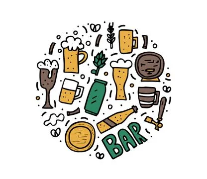 Circle composition woth craft beer elements set in doodle style. Round badge  Ilustración de archivo