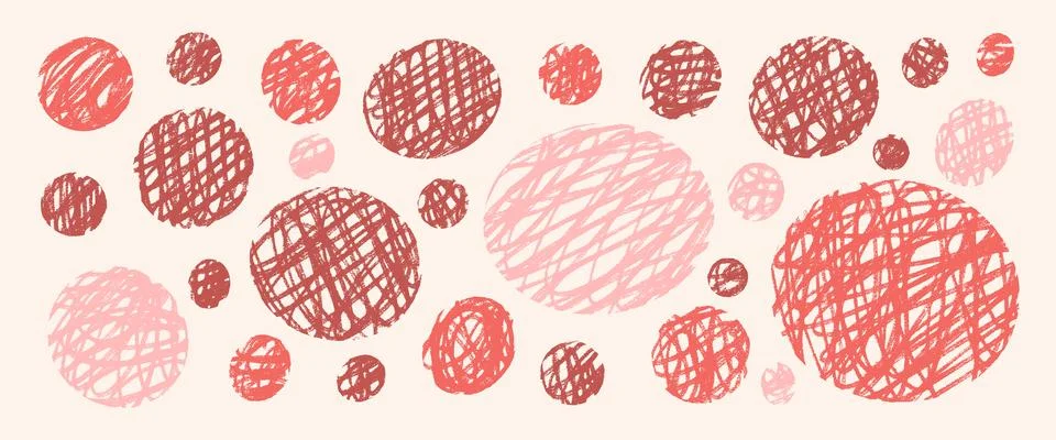 Circle coquette forms set. Polka dots handmade wax crayon pink and red shapes Stock Illustration