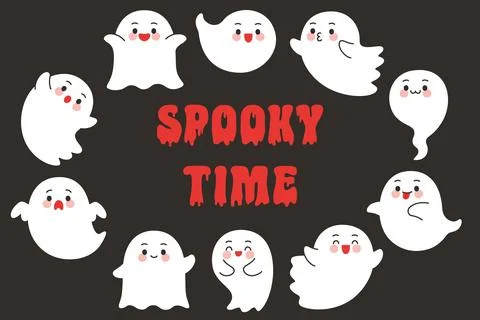 Circle of Cute Ghost Characters with Spooky Time Text Stock Illustration