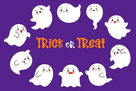 Circle of Cute Ghosts with Trick or Treat Text Stock Illustration