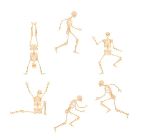Circle of dancing and running skeletons. Dead people are jumping merrily and Stock Illustration