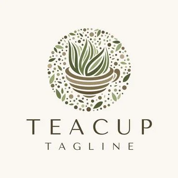 Circle decorative tea cup logo design branding. Vintage tea leaf logo vector. Stock Illustration