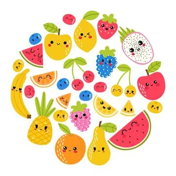 Circle design composition with hand drawn summer fruit. Healthy lifestyle c.. Stock Illustration