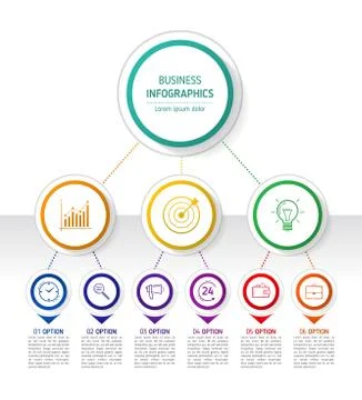 Circle design infographic elements with lines, icons and text blocks. Organiz Illustrazione stock