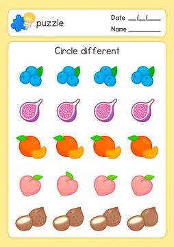 Circle different fruit exercises sheet kawaii doodle vector cartoon Stock Illustration
