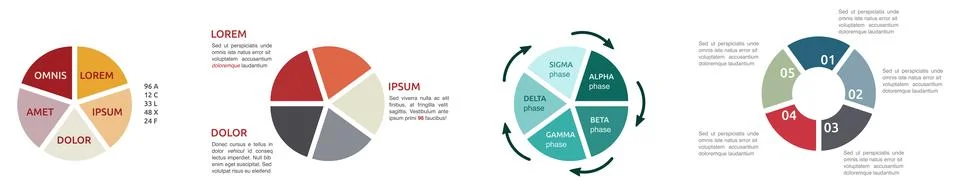 Circle divided in five equal parts, different versions - infographics element Stock Illustration