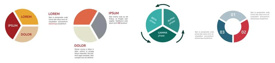 Circle divided in three equal parts, different versions - infographics elemen Stock Illustration