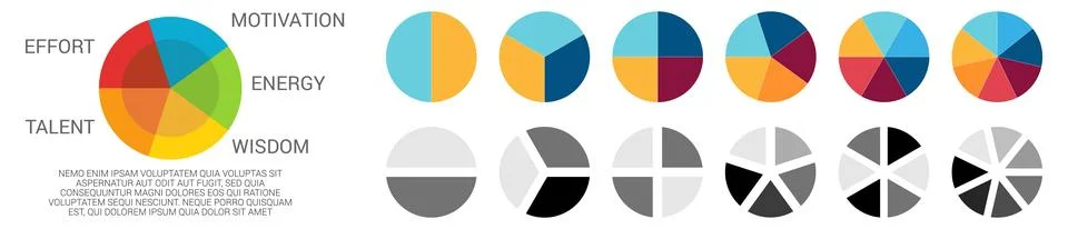 Circle divided into two to seven equal parts, simple pie chart infographics.. Stock Illustration