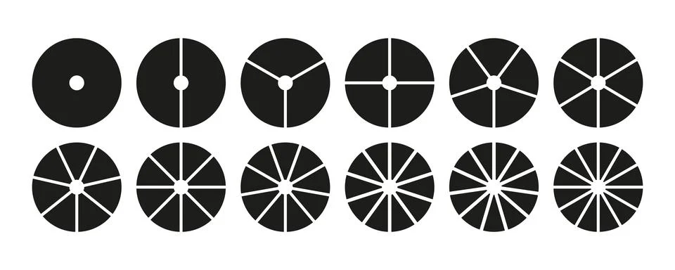 Circle division from 1 to 12 on equal parts. Wheel round divided diagrams Stock Illustration