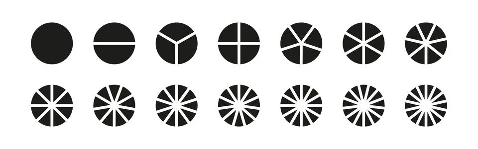 Circle division on 1 to 14 equal parts. Wheel round divided diagrams Stock Illustration