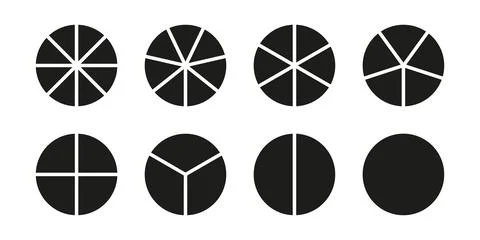 Circle division on 1, 2, 3, 4, 5, 6, 7, 8 equal parts. Stock Illustration